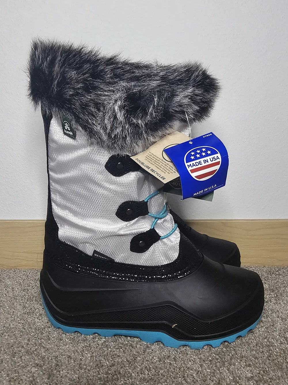 Kids Winter Snow Boots with Faux Fur - Black & Silver
